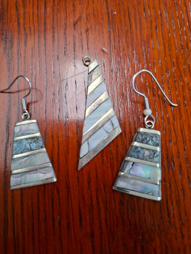Vintage Mexico Alpaca Abalone Oorbellen set, Overige materialen, Ophalen of Verzenden, Zilver, Hangers