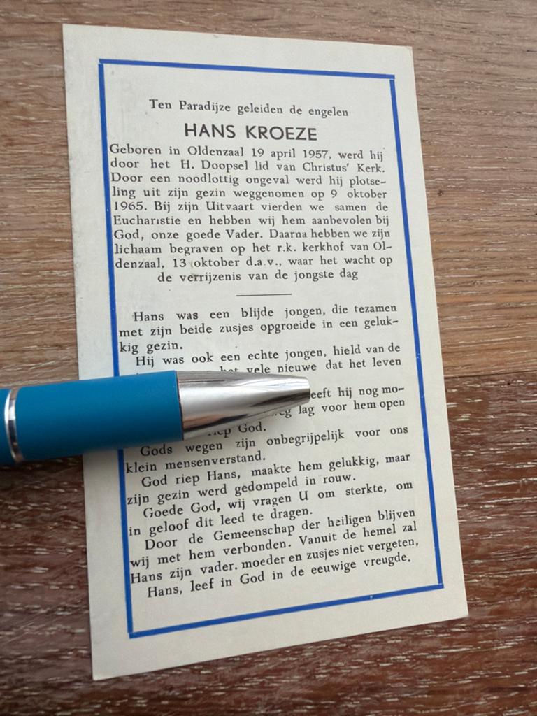 Kroeze Hans 1957 Oldenzaal 1965 - E00306 -, Ophalen of Verzenden, Bidprentje