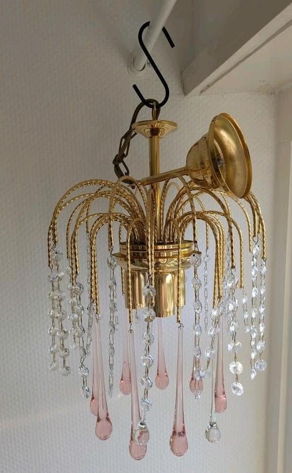 Vintage roze/goud teardrop kroonluchter met Murano glas, Ophalen