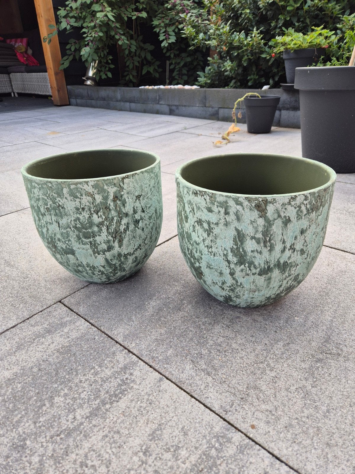Set van 2 groene bloempotten,, Tuin en Terras, Bloempotten, Gebruikt, Rond, Minder dan 40 cm, Binnen