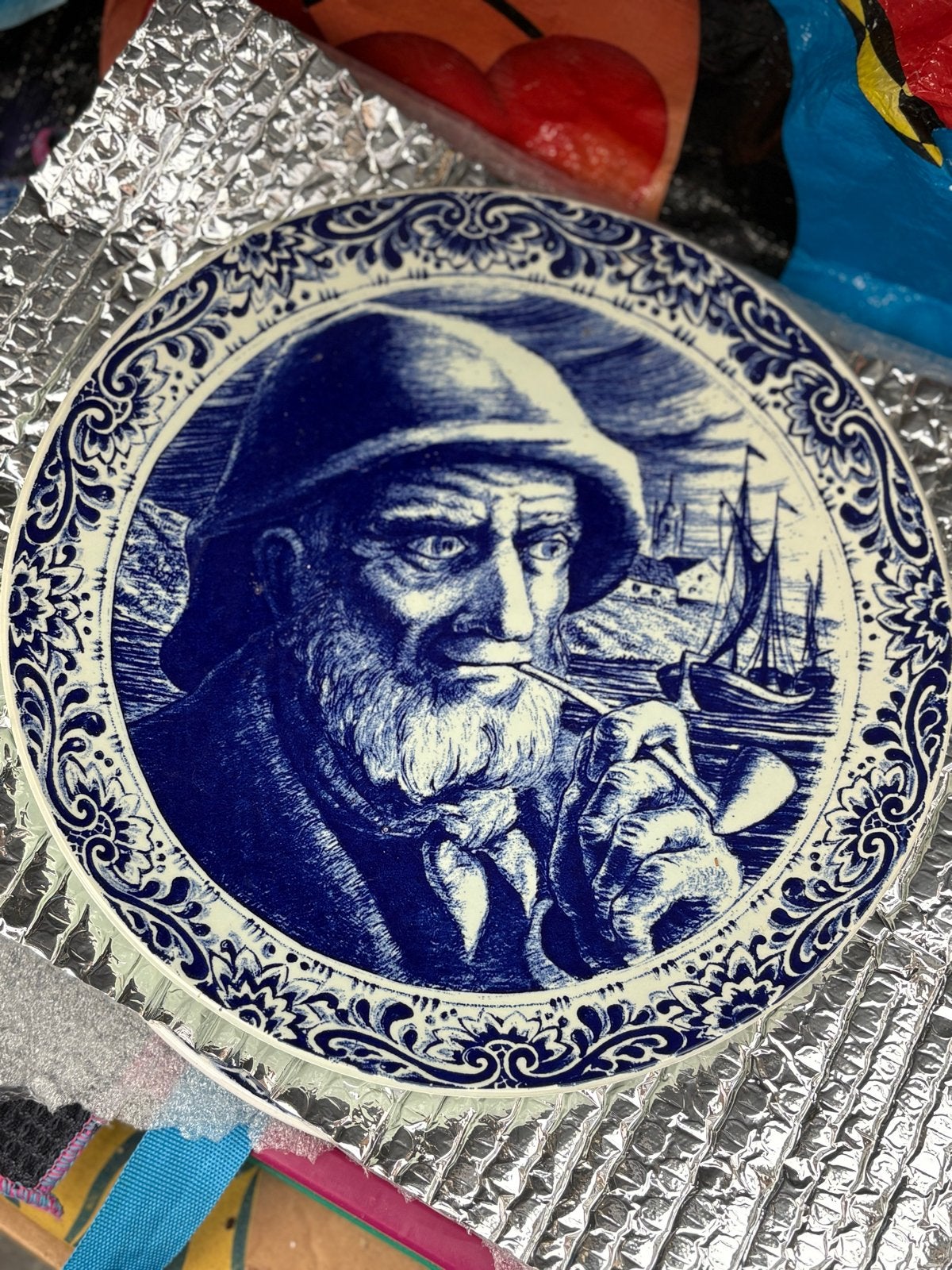 Delfts Blauw sierbord met visser en pijp, Antiek en Kunst, Ophalen