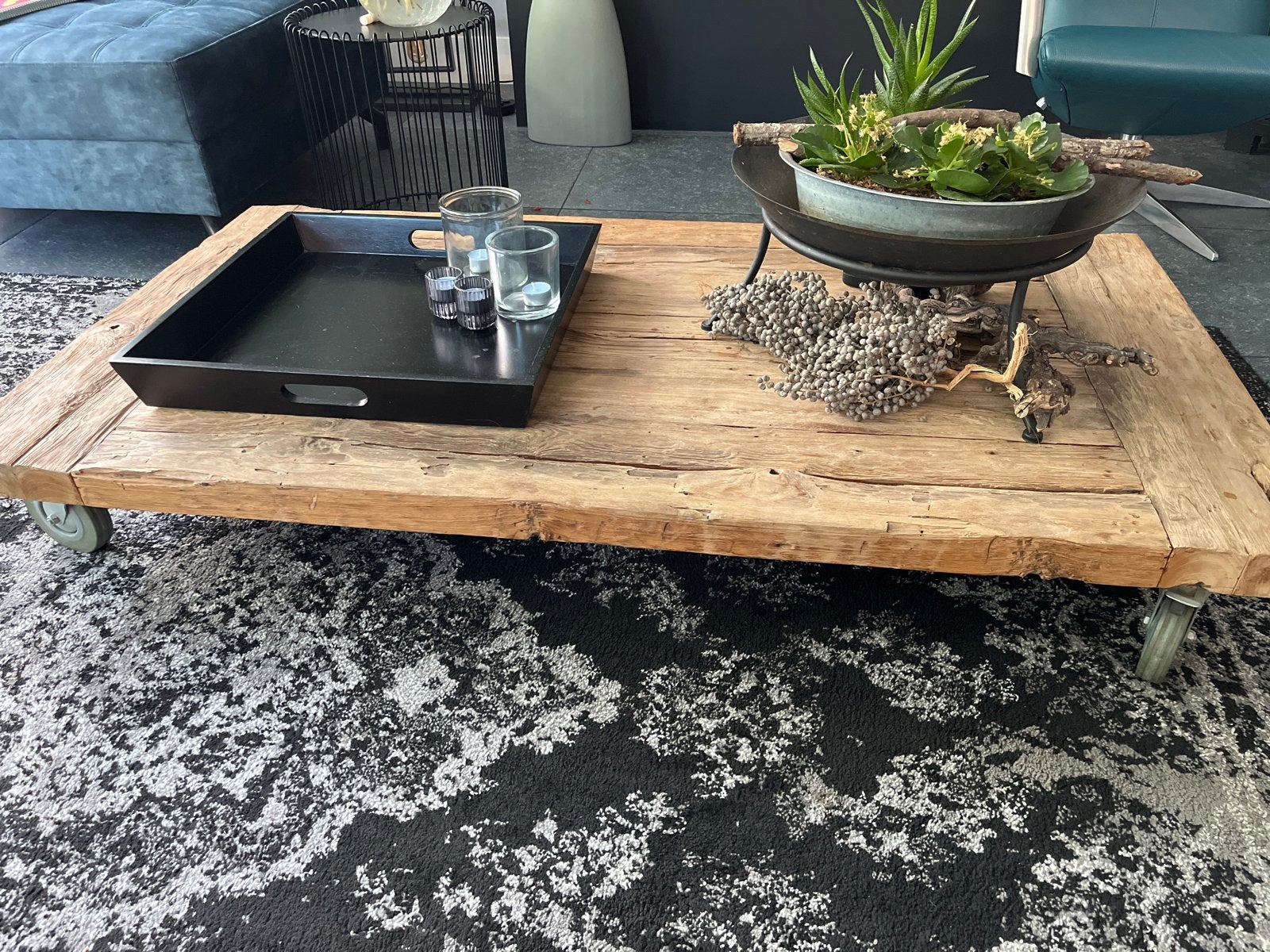 Houten salontafel op wielen - 150x80 cm, Ophalen, Gebruikt, 100 tot 150 cm, 50 tot 100 cm