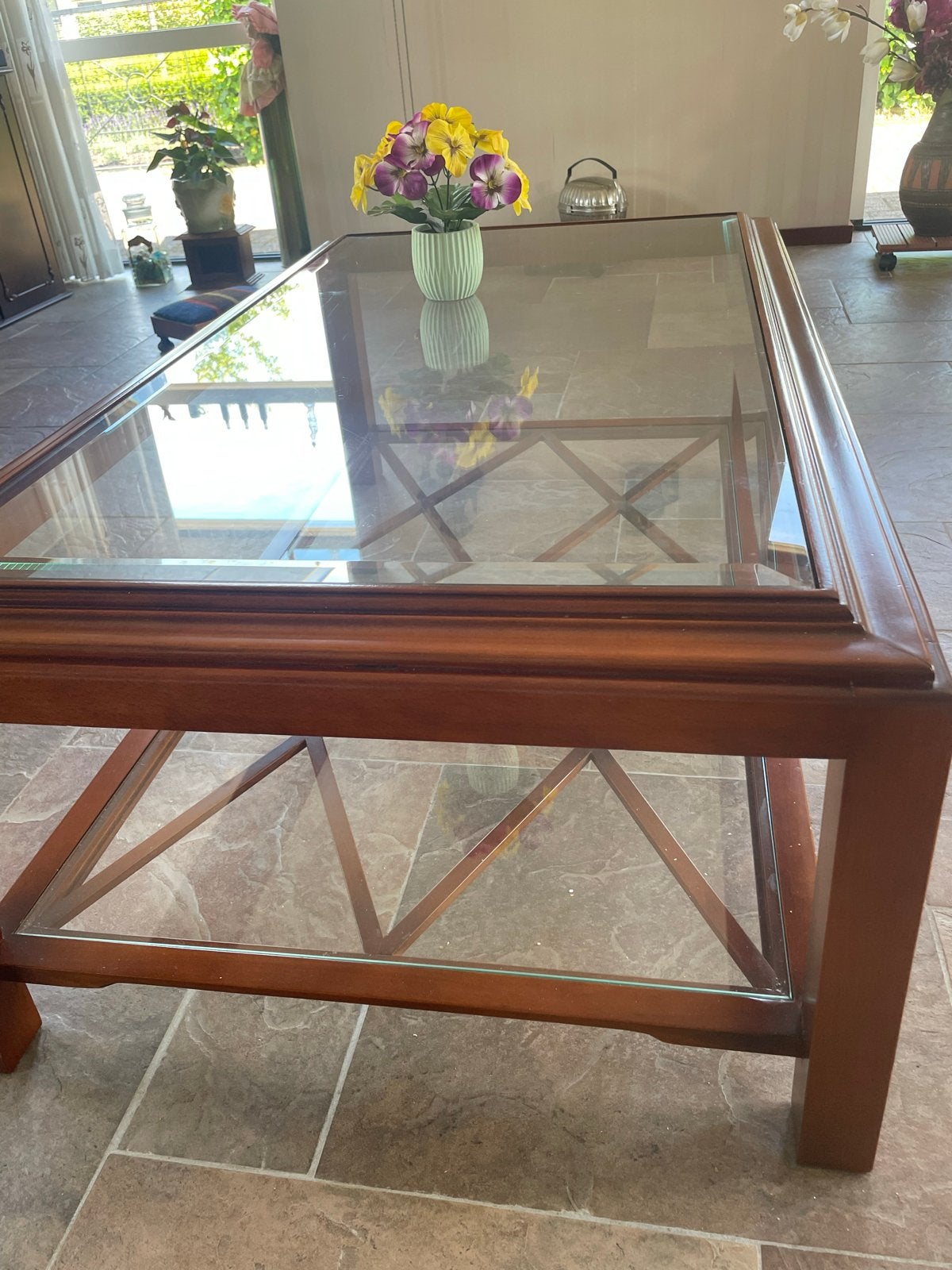 Prachtige kersenhouten salontafel met glas (130x70 cm), Huis en Inrichting, Tafels | Salontafels, Gebruikt, 100 tot 150 cm, Kersenhout