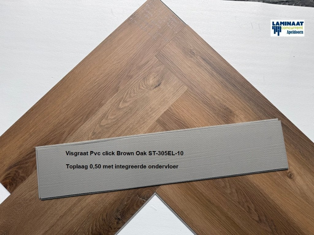 Visgraat Pvc click Brown Oak + Hoge wit plint + Leggen, Bruin, Visgraat Pvc click bruin kleur, 75 m² of meer, Nieuw