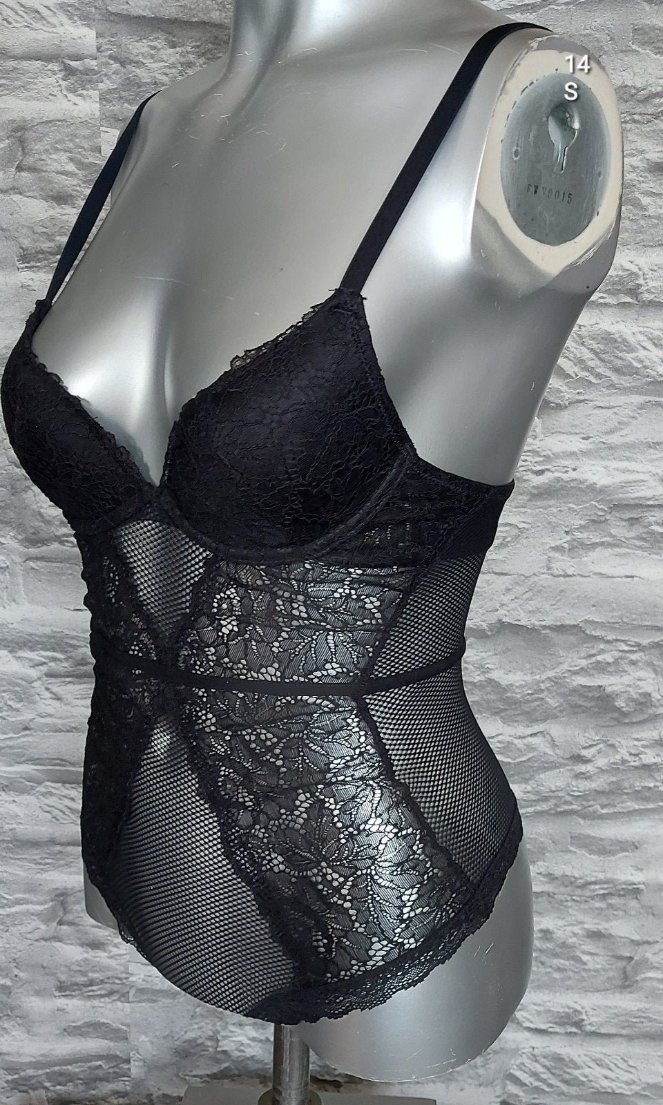 Zwarte fishnet stringbody met kanten details-S, Onbekend, Ophalen of Verzenden, Zwart, Body of Korset