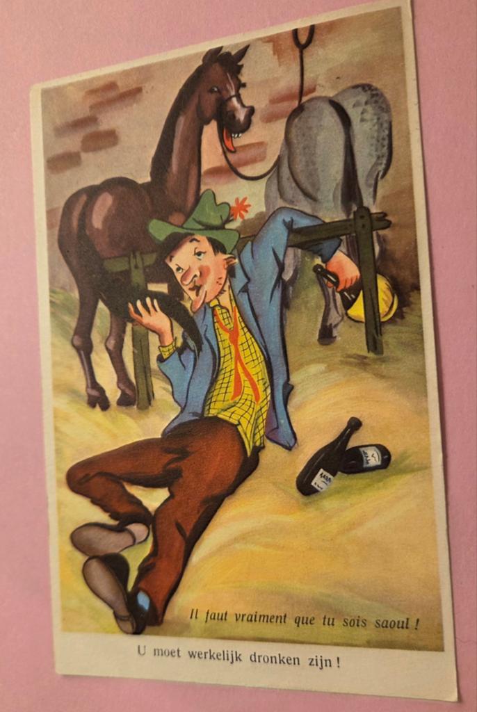 Man is dronken in paardenstal beland, Verzamelen, Ansichtkaarten | Themakaarten, Verzenden, 1940 tot 1960, Gelopen, Overige thema's