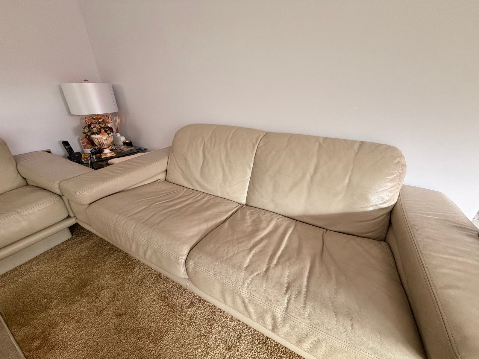 Echt leren bankstellen en chaise longue - Beige, Huis en Inrichting, Banken | Bankstellen, Gebruikt, Rechte bank, Overige maten