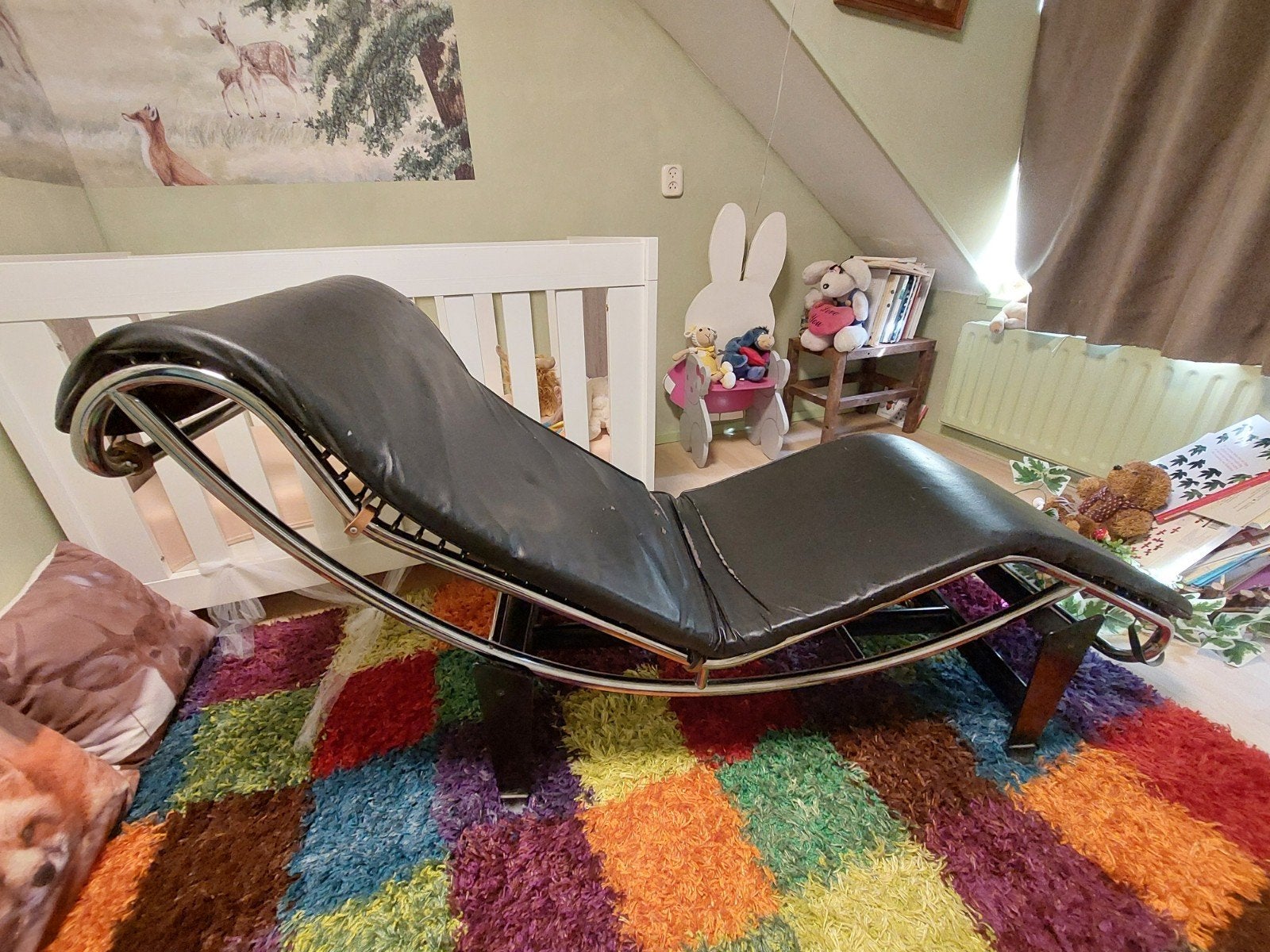 Vintage Chaise Longue Zwart Leer en Chroom - Gebruikt, Ophalen, Gebruikt, Vintage, Klassiek, 150 cm of meer