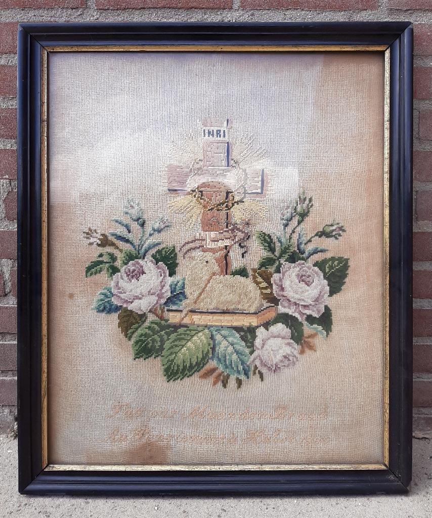 Een antiek ingelijst borduurwerk. Lijst: 70 cm H x 57,8 cm B, Ophalen