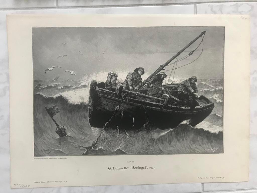 G. Haquette: Heringsfang,1898, or. gravure, 31x21cm. Mooi!, Antiek en Kunst, Origineel, Dagelijks leven, 1800 - 1899, Ophalen of Verzenden