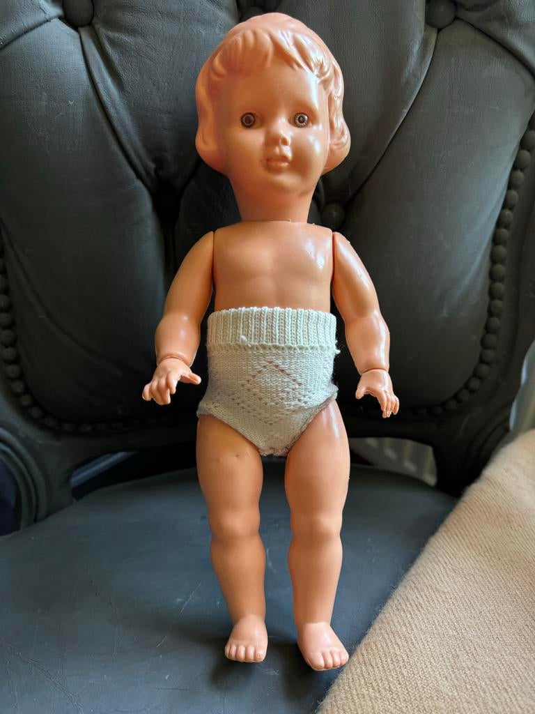 Vintage Babypop met Gebreid Broekje - Jaren '50/'60, Verzamelen, Poppen, Ophalen of Verzenden, Gebruikt, Babypop