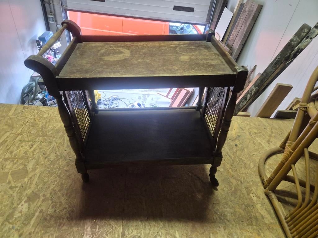Vintage houten trolley met rotan details, Ophalen of Verzenden