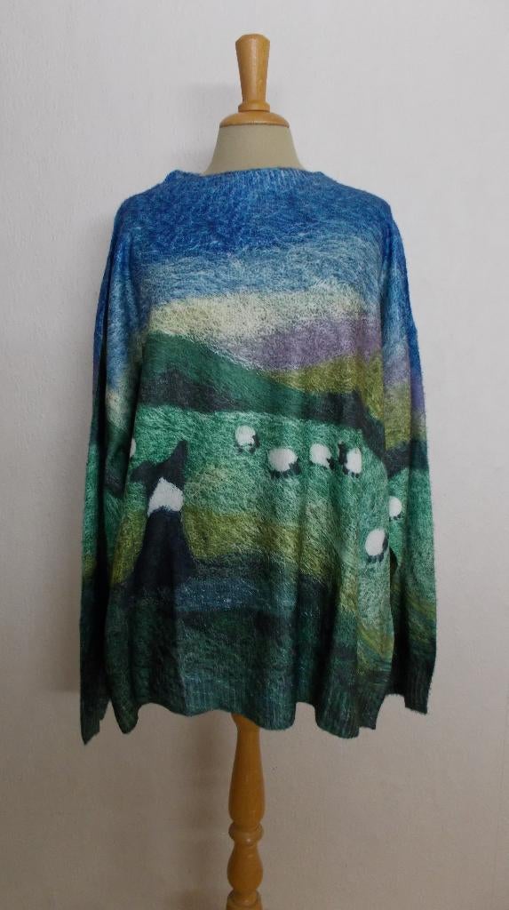 Grappige trui met bordercollie schapen landschap print! XXL, Verzenden, Nieuw, Maat 46/48 (XL) of groter, Groen