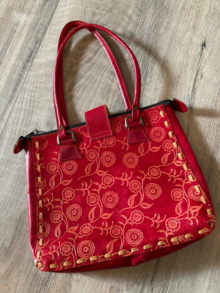 vintage leren rode tooled tas hippe schoudertas shopper boho, Ophalen of Verzenden, Zo goed als nieuw, Rood, Shopper