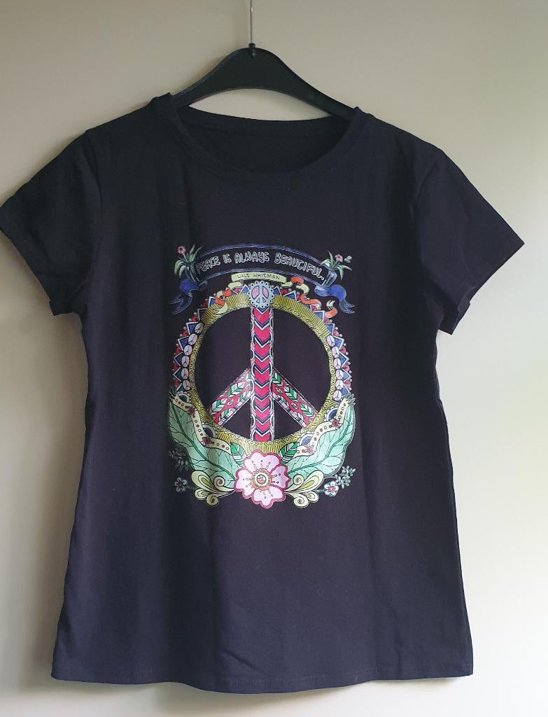 t-shirt "Peace is allways beautiful" maat s/m nieuw, Maat 38/40 (M), Zwart, Nieuw, Ophalen of Verzenden