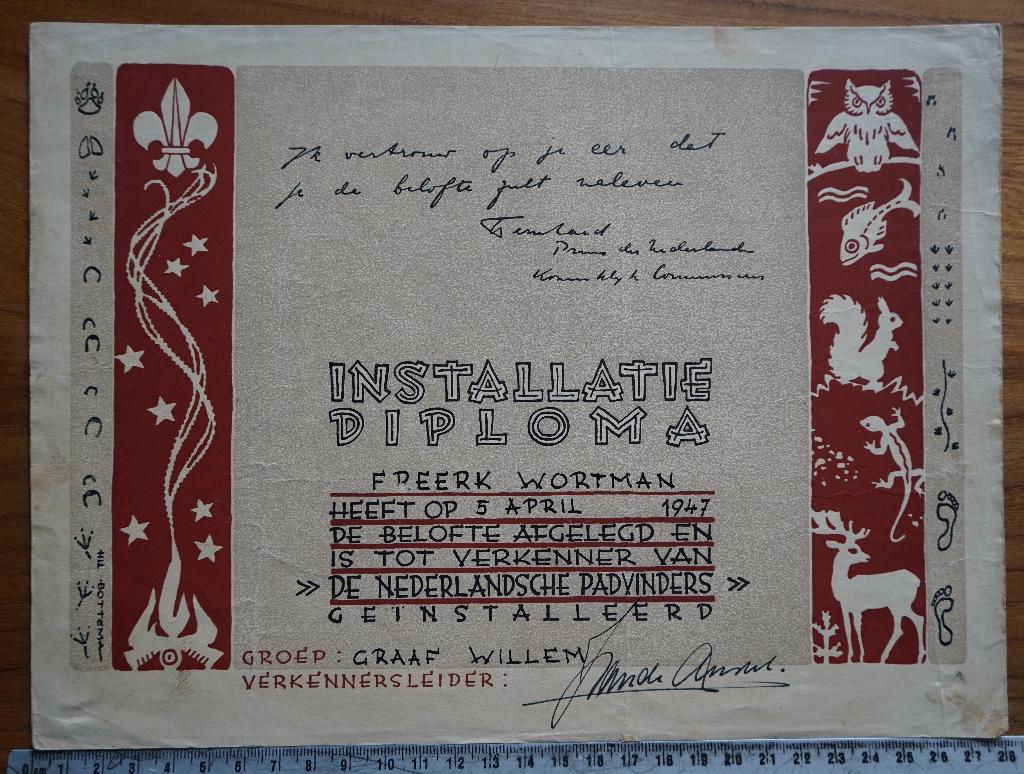 scouting 1947 installatie diploma verkenner gebruikt, Verzamelen, Scouting, Gebruikt, Embleem, Speld of Insigne, Ophalen of Verzenden