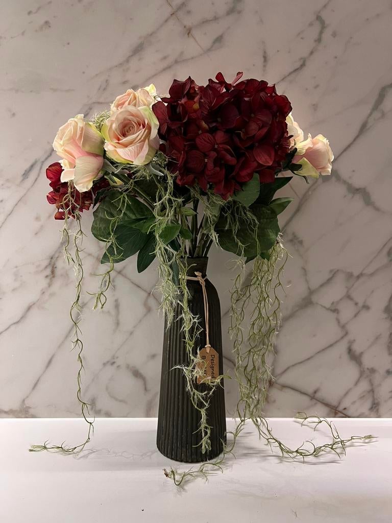 LUXE KUNST ZIJDE BLOEMEN BOEKET RODE HORTENSIA EN ROZEN, Ophalen of Verzenden, Zo goed als nieuw, Binnen