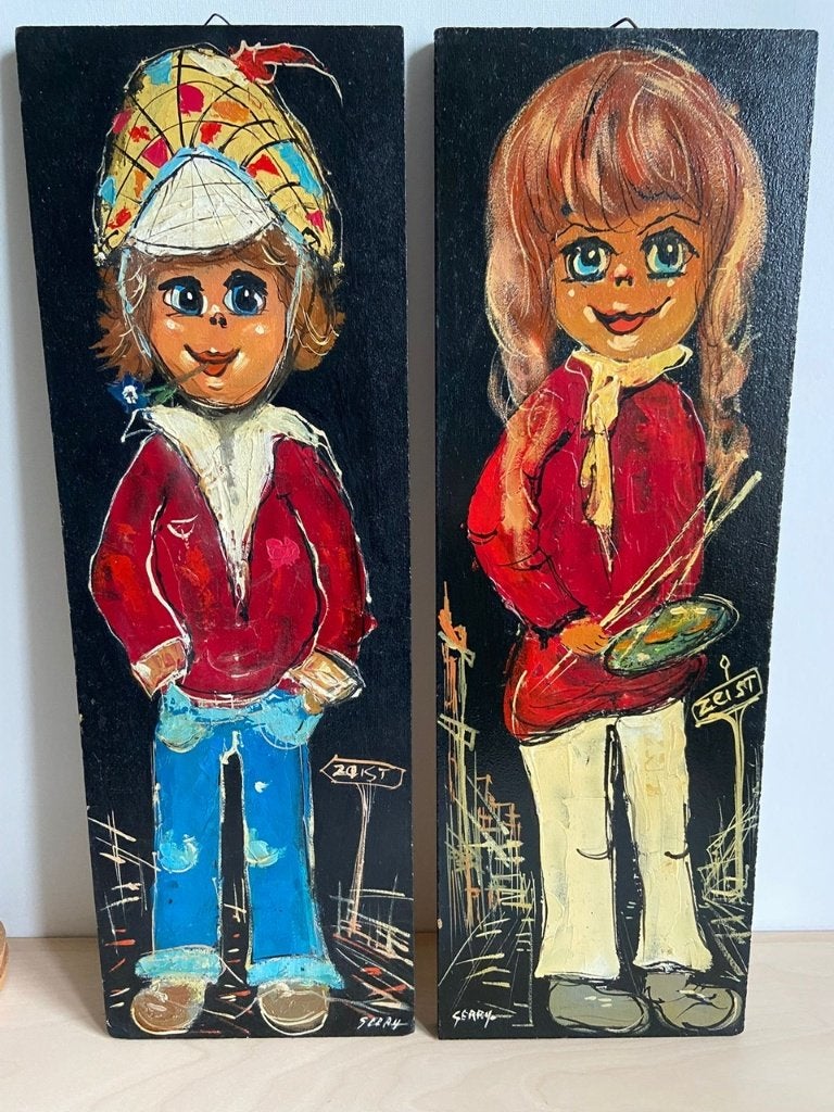 Vintage Paneel Schilderij Jongen Meisje 60 cm 1960s Zeist, Ophalen of Verzenden