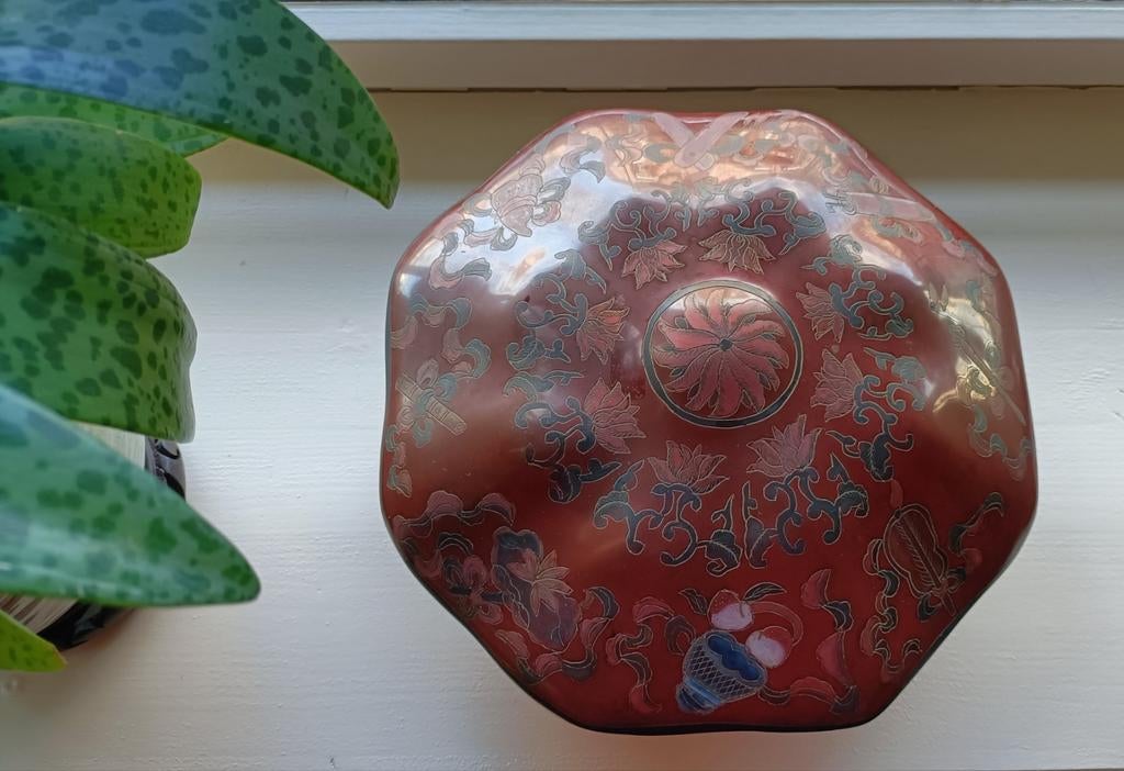 Antieke Chinese houten lakdoos roodbruin, handgeschilderd, Ophalen of Verzenden