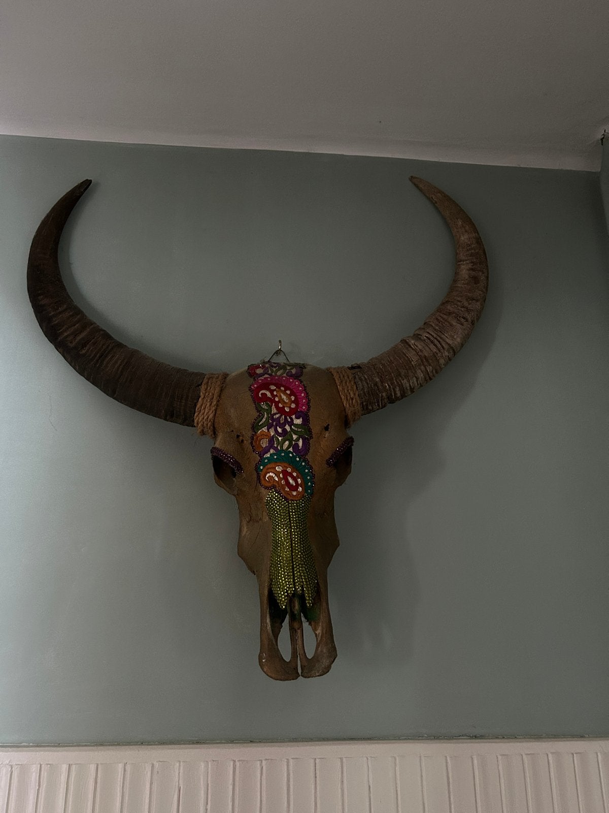 Decoratieve buffelschedel met hoorns en kralen, Ophalen