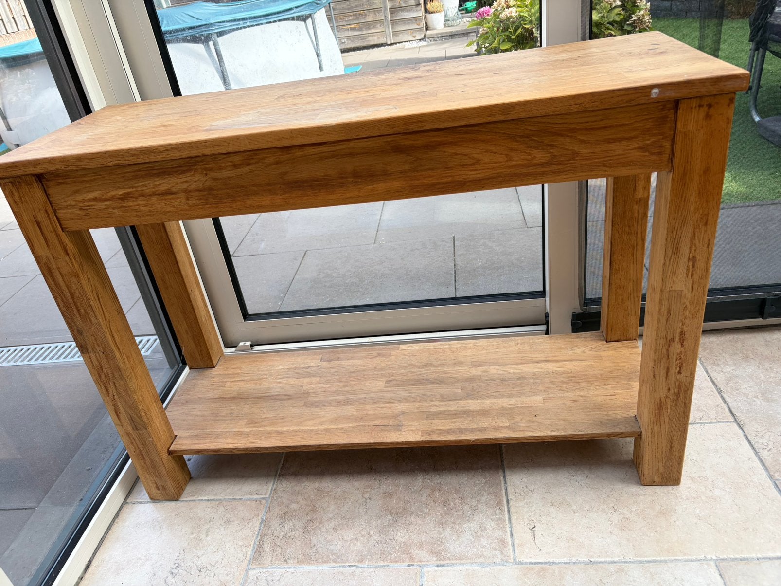 Massief eiken sidetable / haltafel met 2 lades, Huis en Inrichting, Ophalen, 100 tot 150 cm, Eikenhout, Zo goed als nieuw