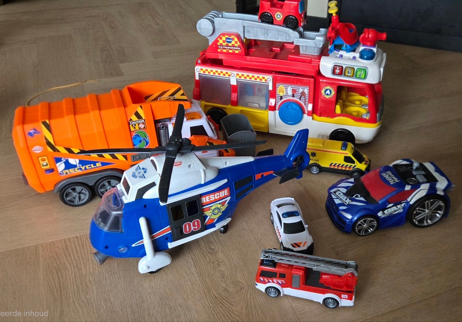 Vtech Brandweerwagen, Dickie Helikopter en Vuilniswagen Set, Ophalen, Gebruikt