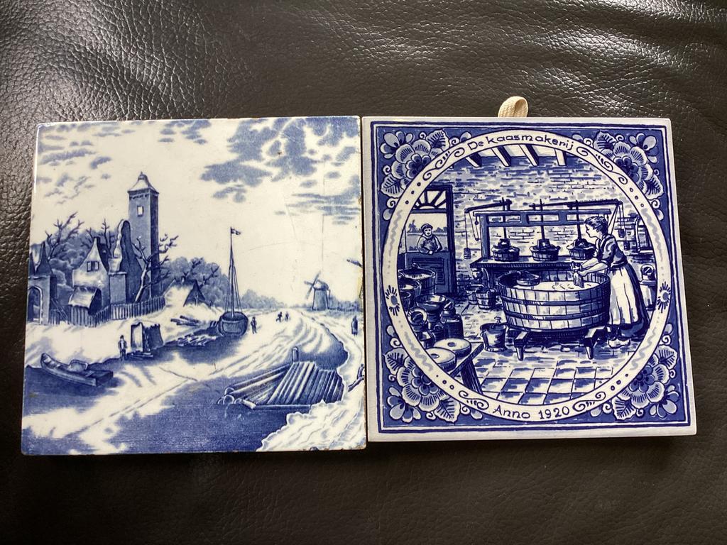 Delfts Blauwe tegeltjes kaasmakerij en landschap, Ophalen of Verzenden