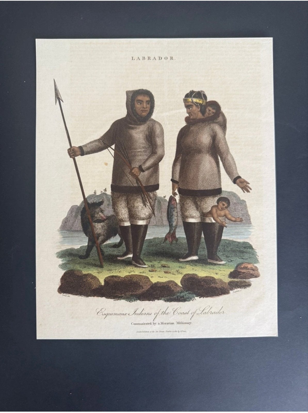 Antieke handgekleurde gravure "Labrador" - Inuit familie, Handgekleurd, Dagelijks leven, 1800 - 1899, Ophalen of Verzenden