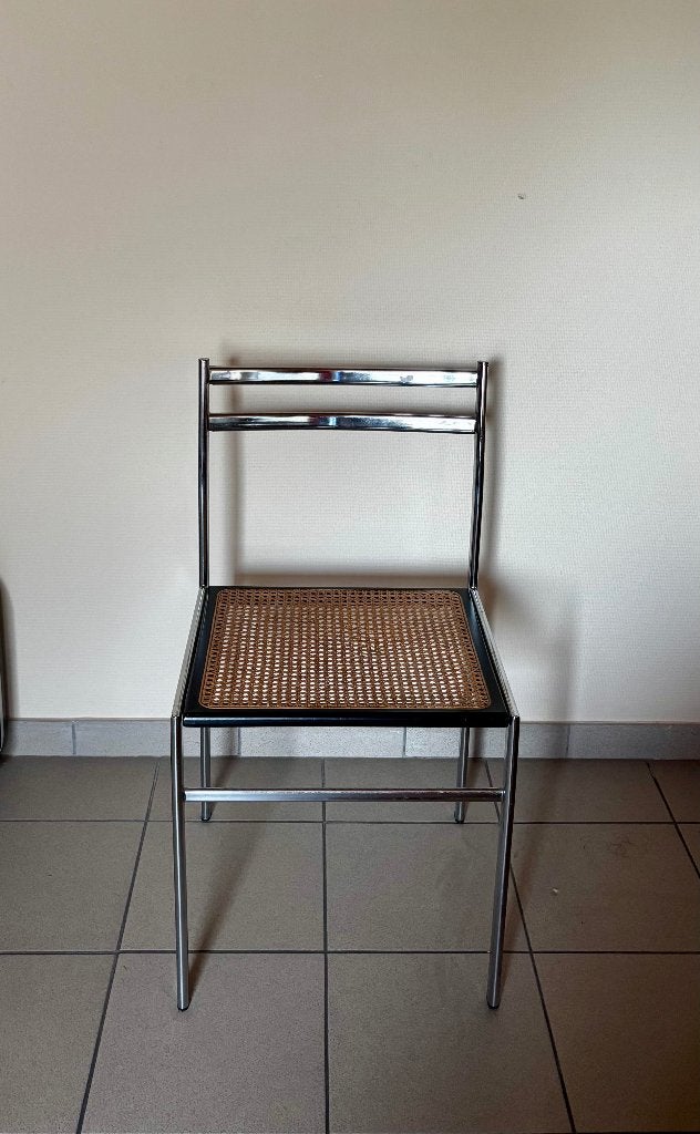 Italian Mid-Century Chrome and Webbing Chair, Ophalen, Zwart, Eén