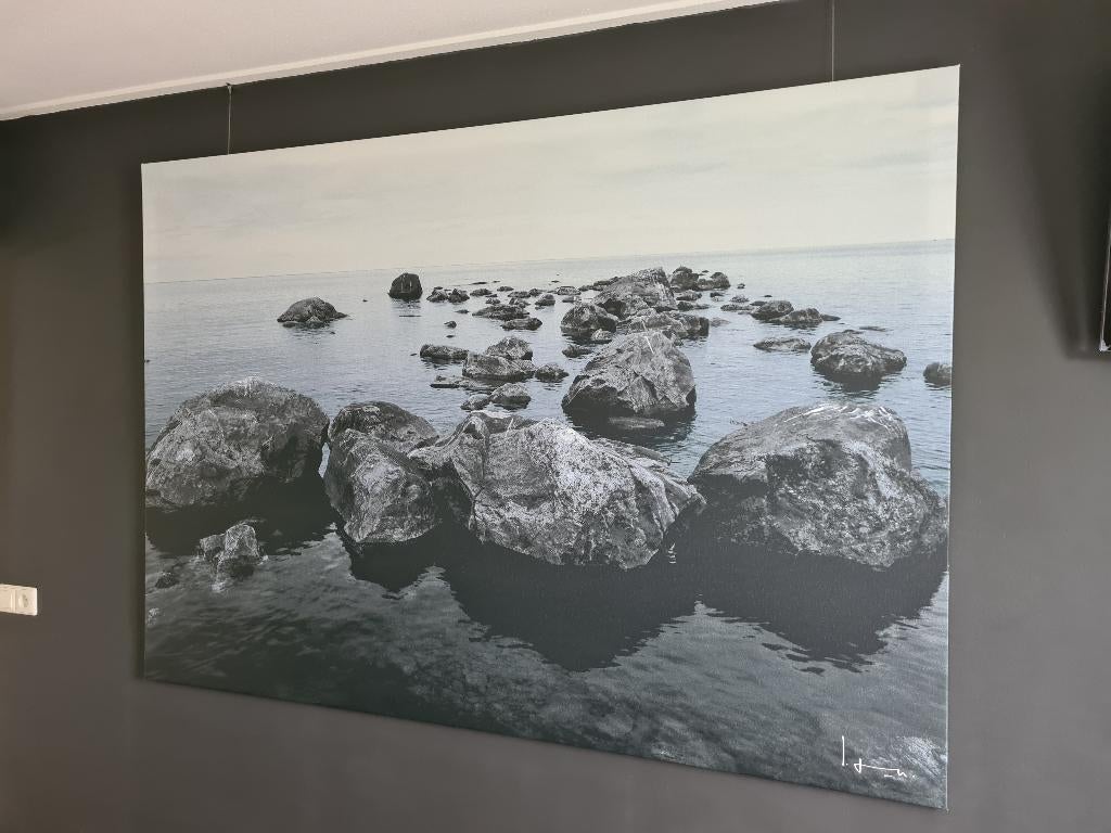 Canvas ikea zeezicht met rotsen incl frame 200 x140 cm, Ophalen, 125 cm of meer, Zo goed als nieuw, Schilderij
