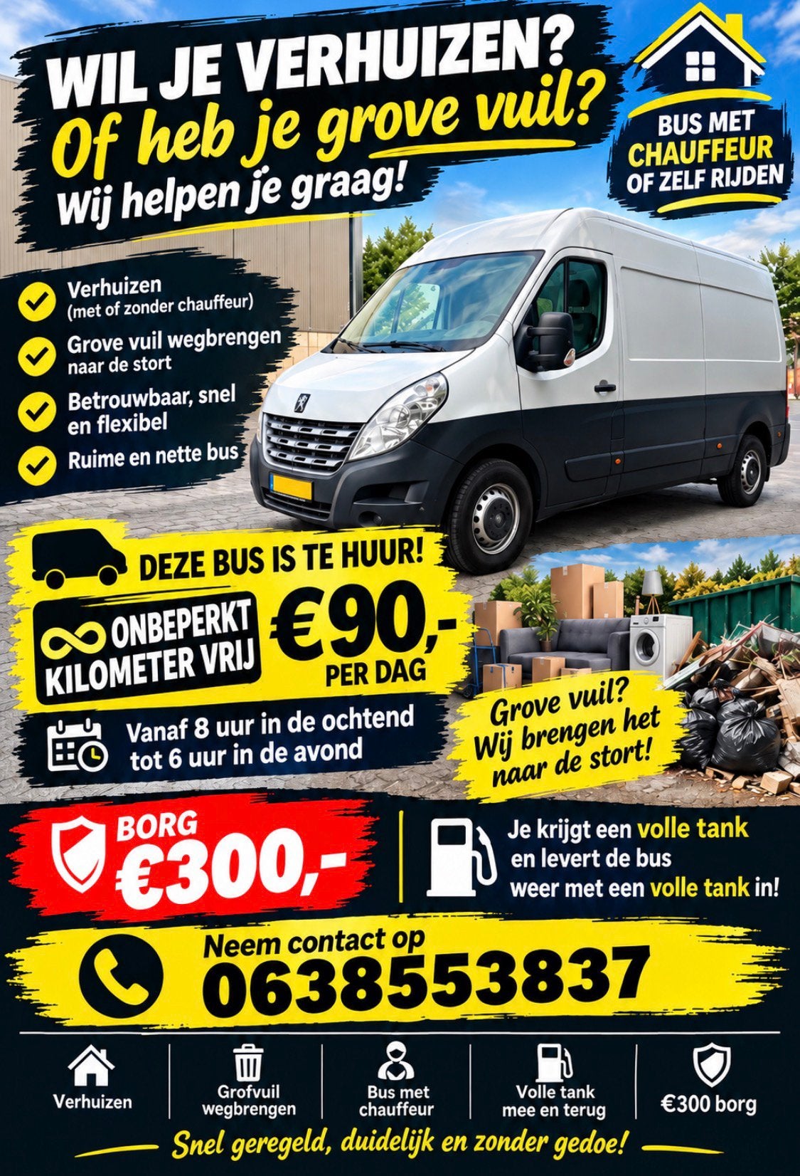 Bus te huur km vrij, Diensten en Vakmensen, Verhuiswagen of Bestelauto