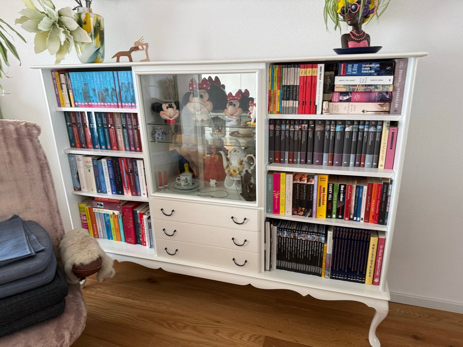 Queen Ann stijl dressoir/boekenkast met vitrine, Ophalen, Gebruikt, 100 tot 150 cm, 150 tot 200 cm