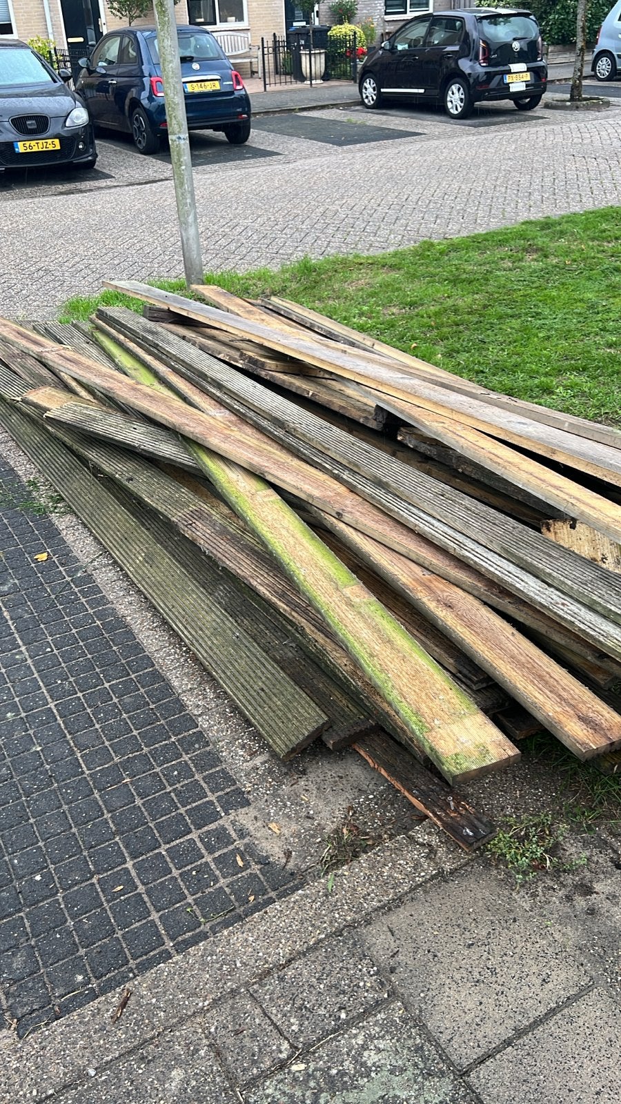 Vuren vlonderplanken en hardhouten palen en steigerhout, Tuin en Terras, Ophalen, Gebruikt, Palen, Hardhout