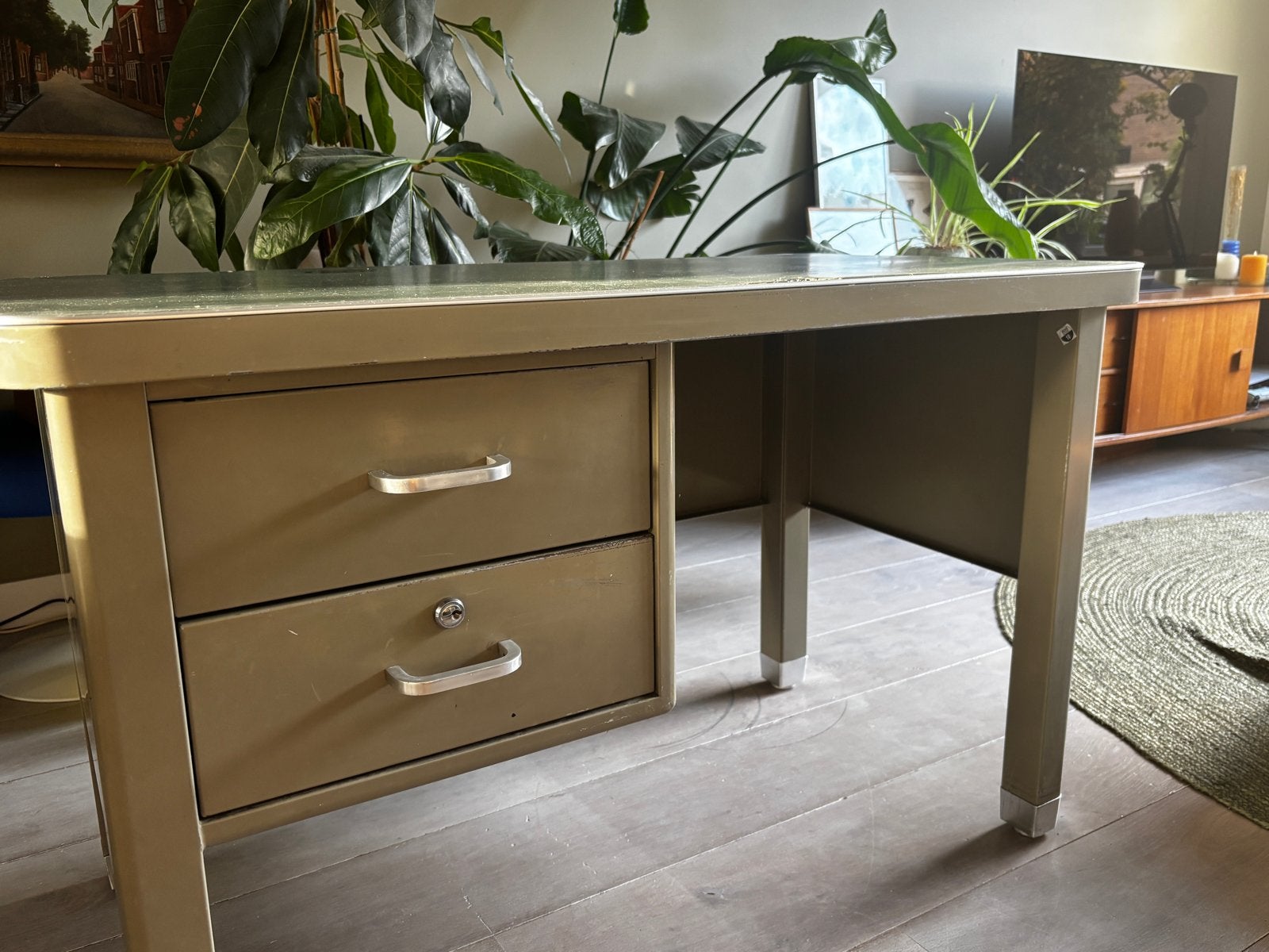 Vintage metalen tiener bureau met lades - Industrieel design, Ophalen, Overige typen, Groen, Gebruikt
