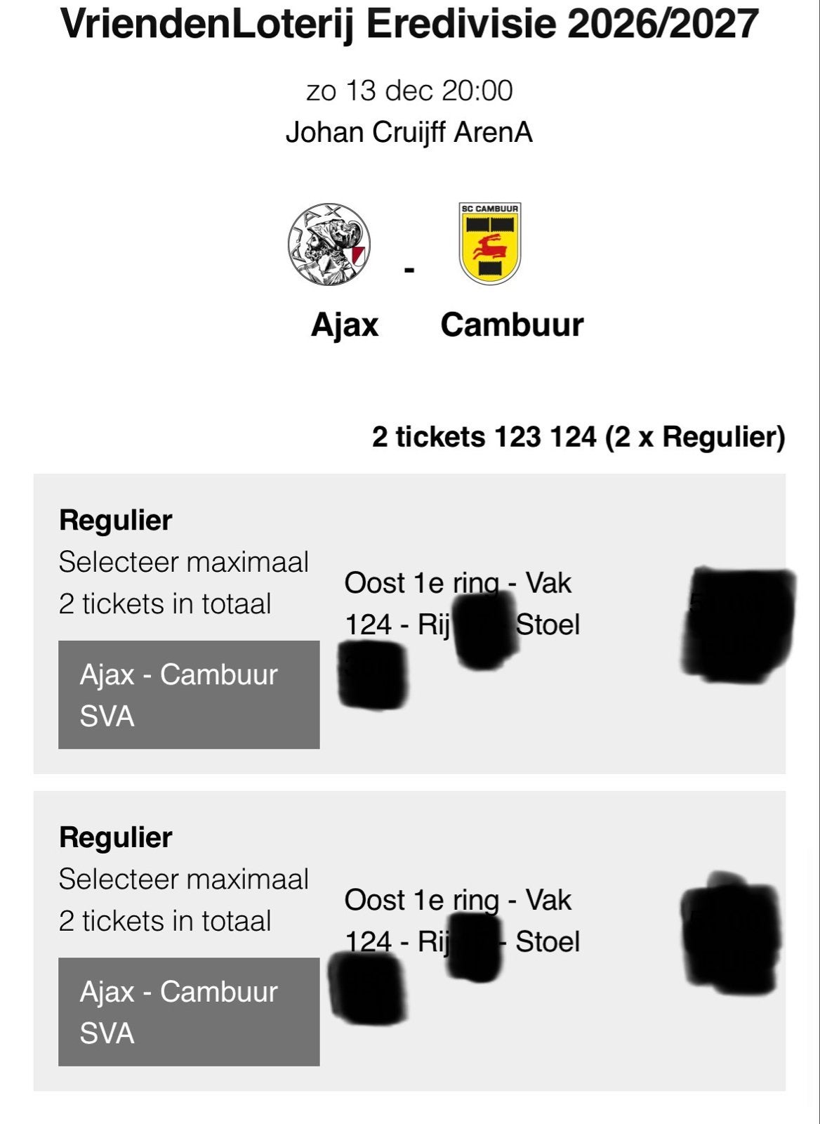 2 kaarten ajax cambuur zie beschrijving, Twee personen