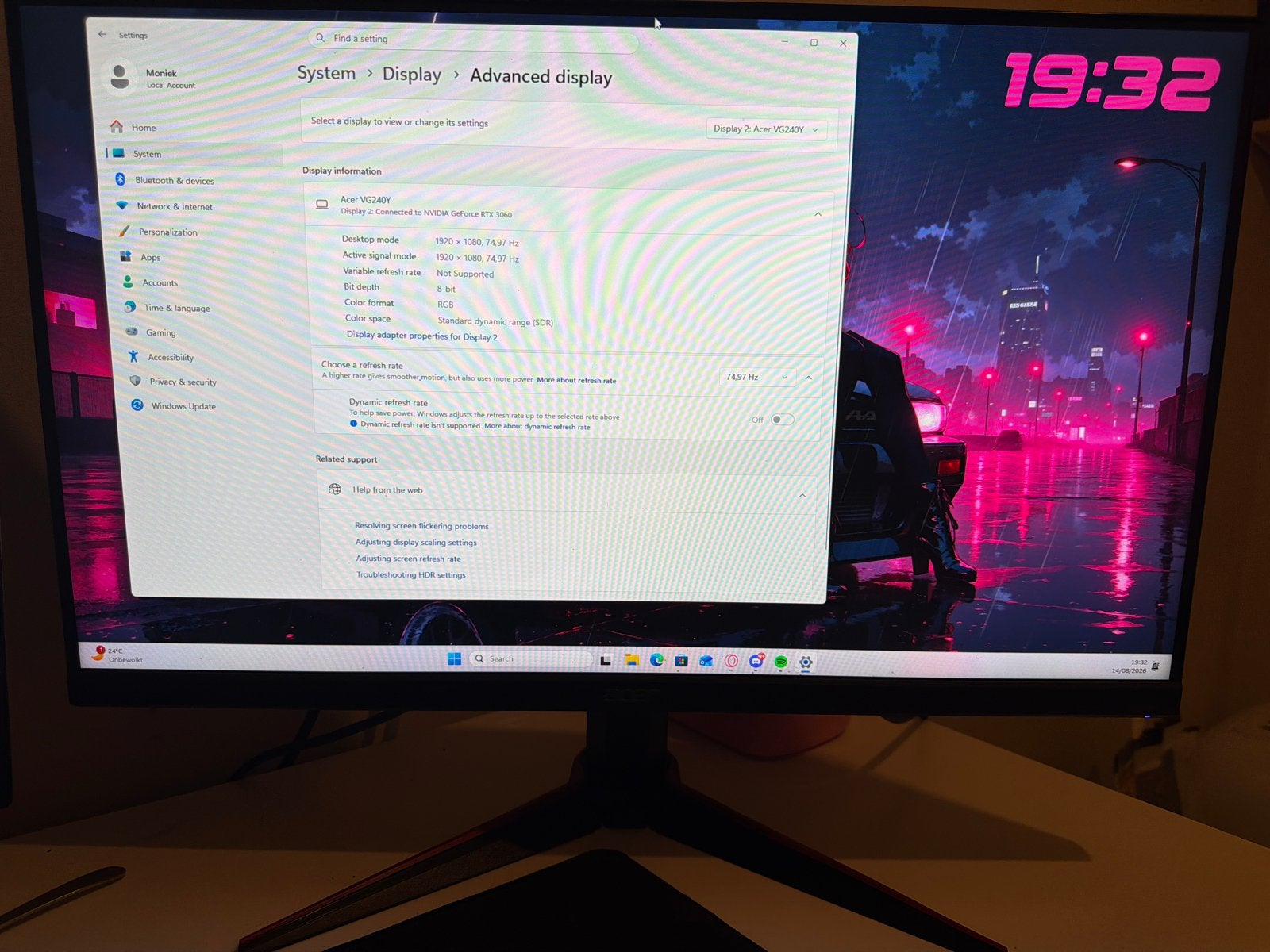Acer VG240Y Gaming Monitor - Full HD, 75Hz, HDMI, Ingebouwde speakers, Full HD, Zo goed als nieuw