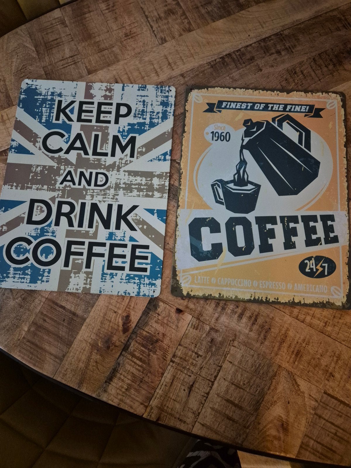 2x Vintage Metalen Koffie Borden - Keep Calm & Coffee, Vintage, Gebruikt, Meerkleurig, Ophalen of Verzenden