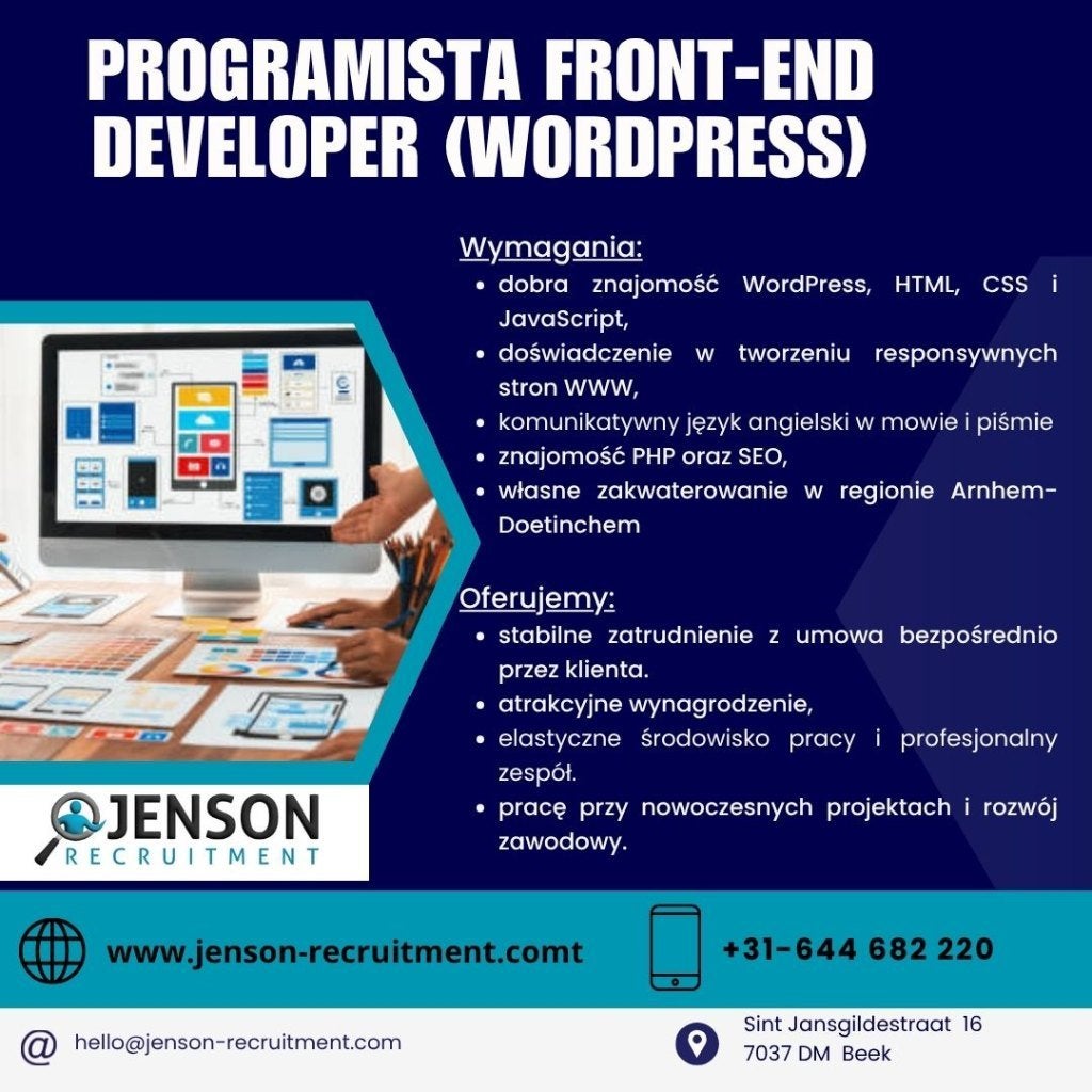 Programista frontend Developer WordPress, Vacatures, 33 - 40 uur, MBO, Vanaf 1 jaar, Vast contract