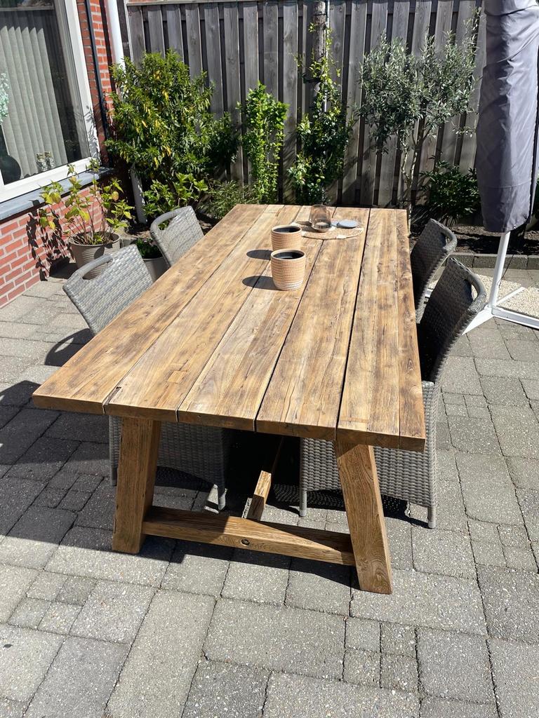 Mooie tuintafel teakhout met 6 stoelen in antraciet, Ophalen, Gebruikt, 6 zitplaatsen, Teakhout