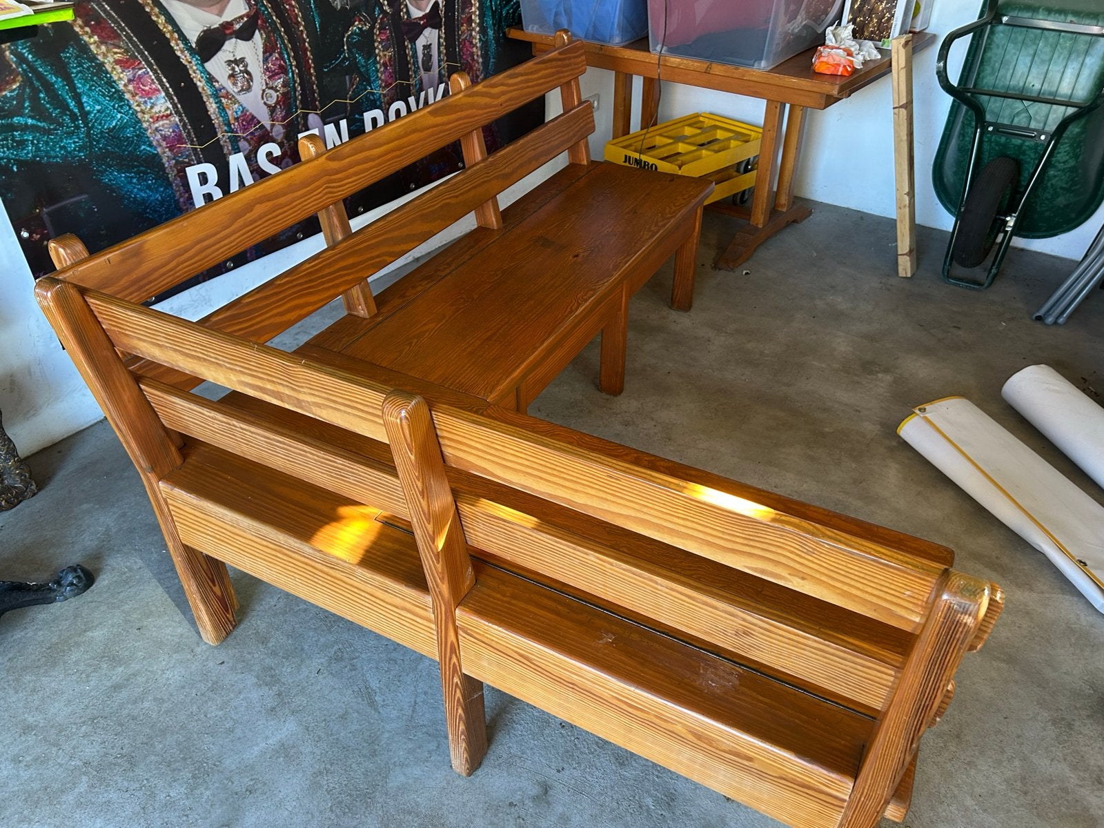 Houten hoekbank met tafel - rustiek en gezellig, Huis en Inrichting, Ophalen, Gebruikt, 150 tot 200 cm, 200 cm of meer