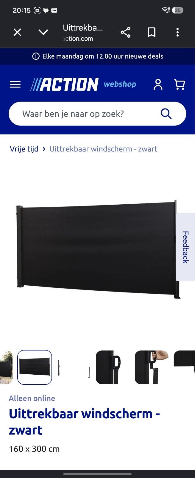 NIEUW: Uittrekbaar windscherm – Zwart (170 x 300 cm), Tuin en Terras, Ophalen of Verzenden, Nieuw, Overige typen