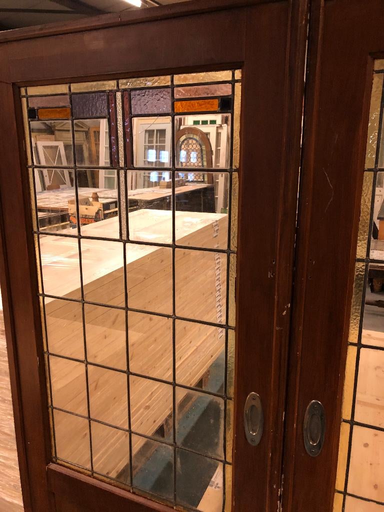 Set schuif / en-suite deuren met glas in lood 201x185cm, Antiek en Kunst, Curiosa en Brocante, Ophalen