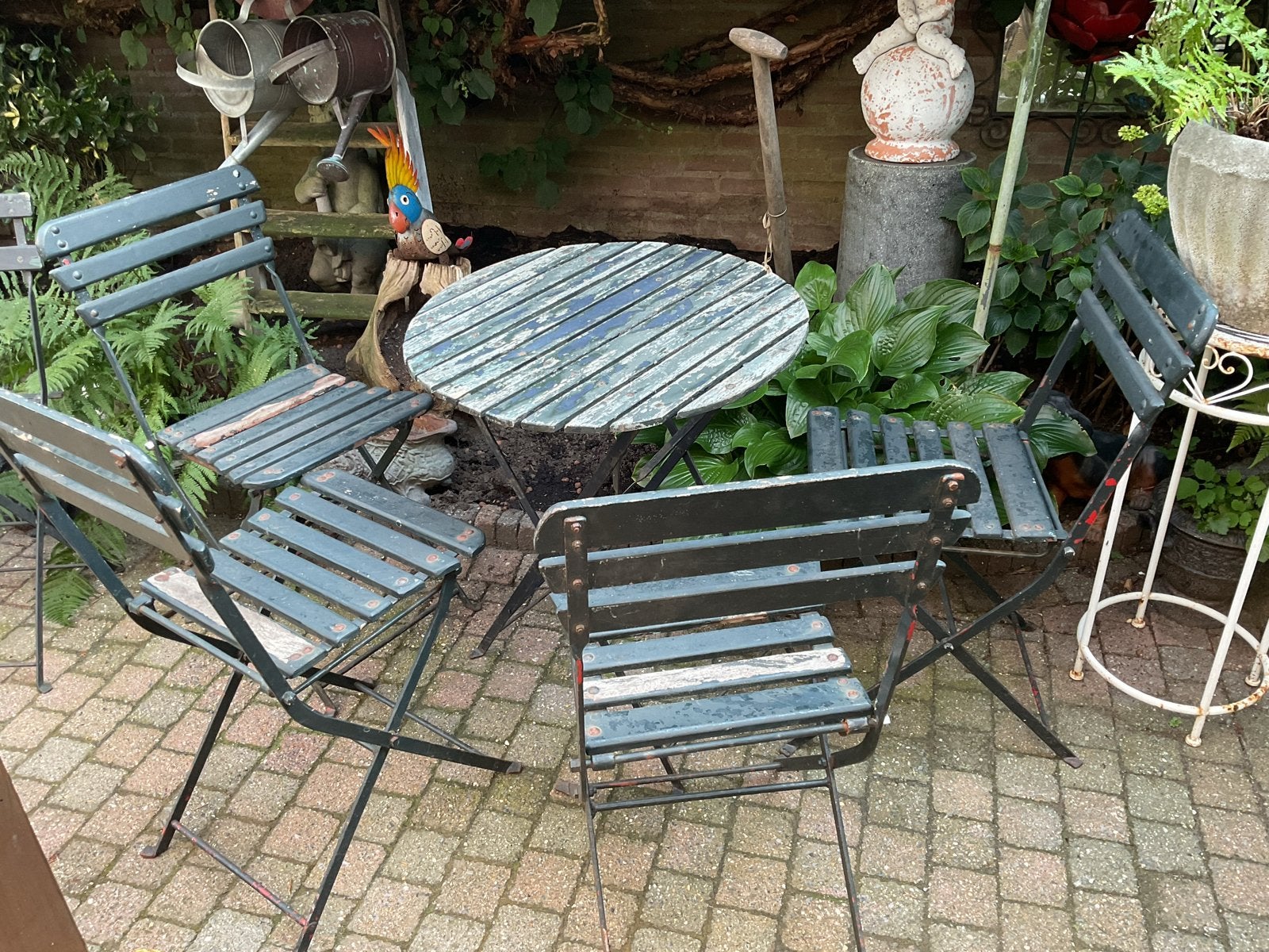 Brocant frans  bistro set Ronde Tafel met 4 Stoelen, Ophalen, 4 zitplaatsen, Gebruikt, Eettafel