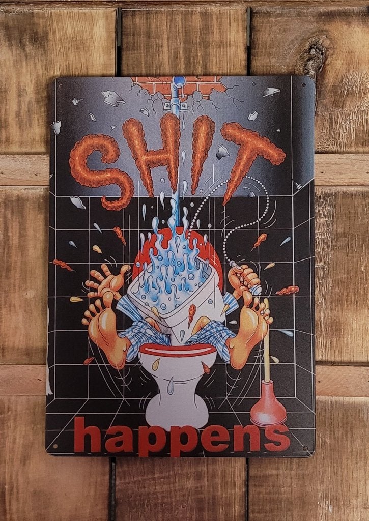 Shit Happens man op wc reclamebord van metaal wandbord, Info@deconoord.nl, Deco Noord, Nieuw, Ophalen of Verzenden