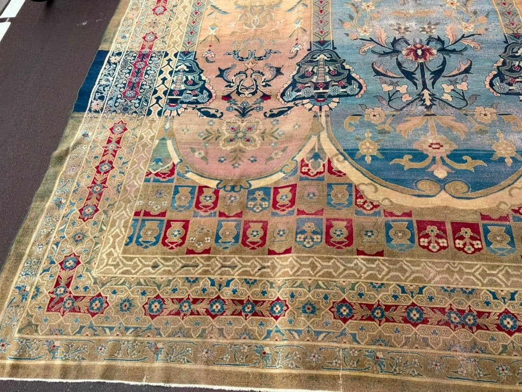 Zeldzaam antiek Indiaas tapijt – 460  345 cm – kunstwerk, Gebruikt, Wol, 200 cm of meer, Ophalen of Verzenden
