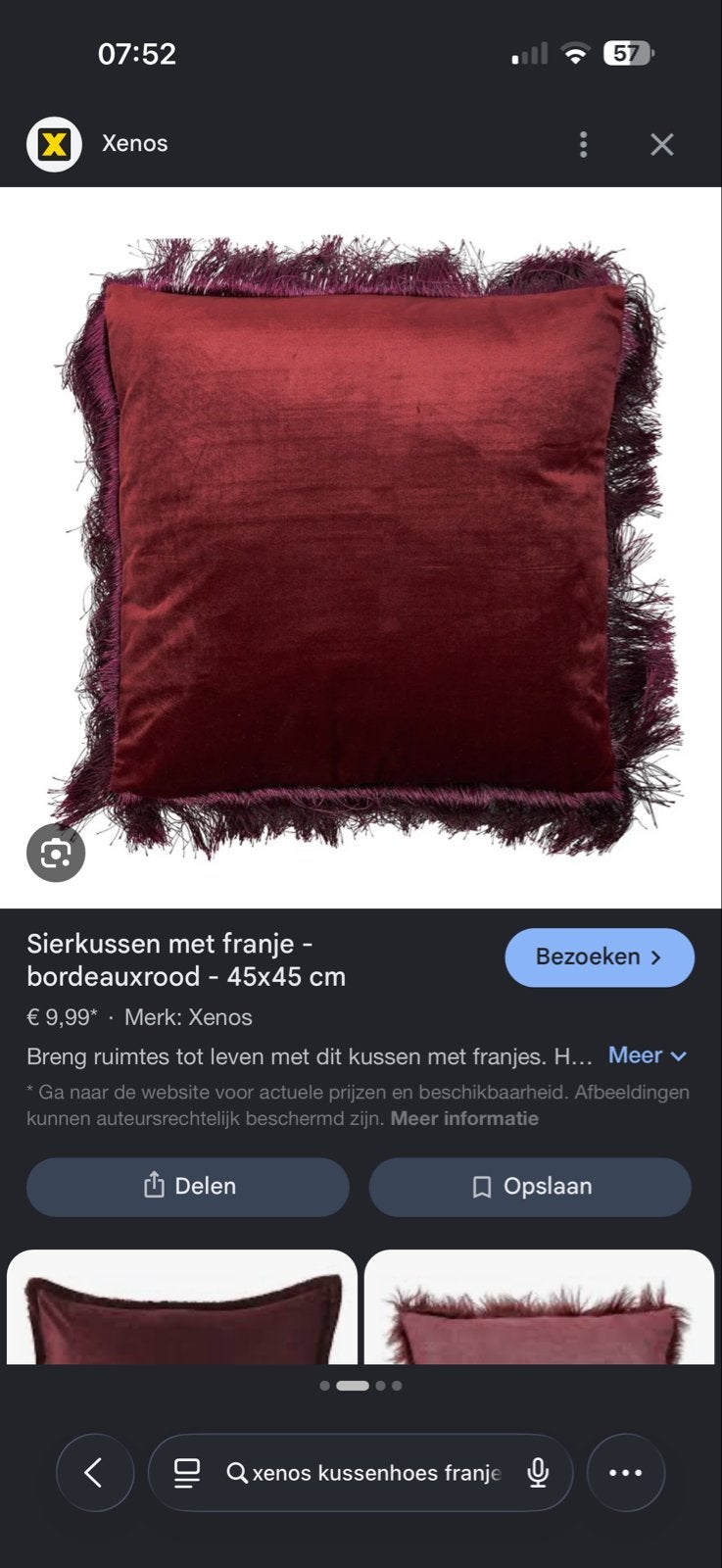 GEZOCHT Xenos kussensloop bordeauxrood met franje, Ophalen, Gebruikt, Rood, Vierkant