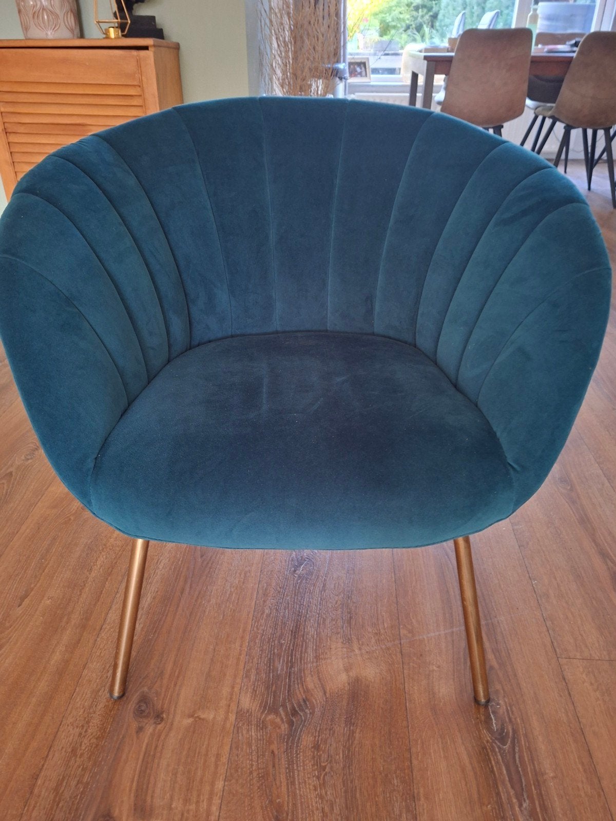 Stijlvolle Petrolblauwe Fauteuil met Gouden Poten, Overige kleuren, Ophalen of Verzenden, Zo goed als nieuw, Modern, Luxe, Art Deco