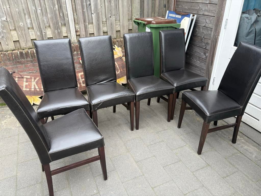 Set van 6 donkerbruine eetkamerstoelen, Ophalen, Gebruikt, Bruin, Leer