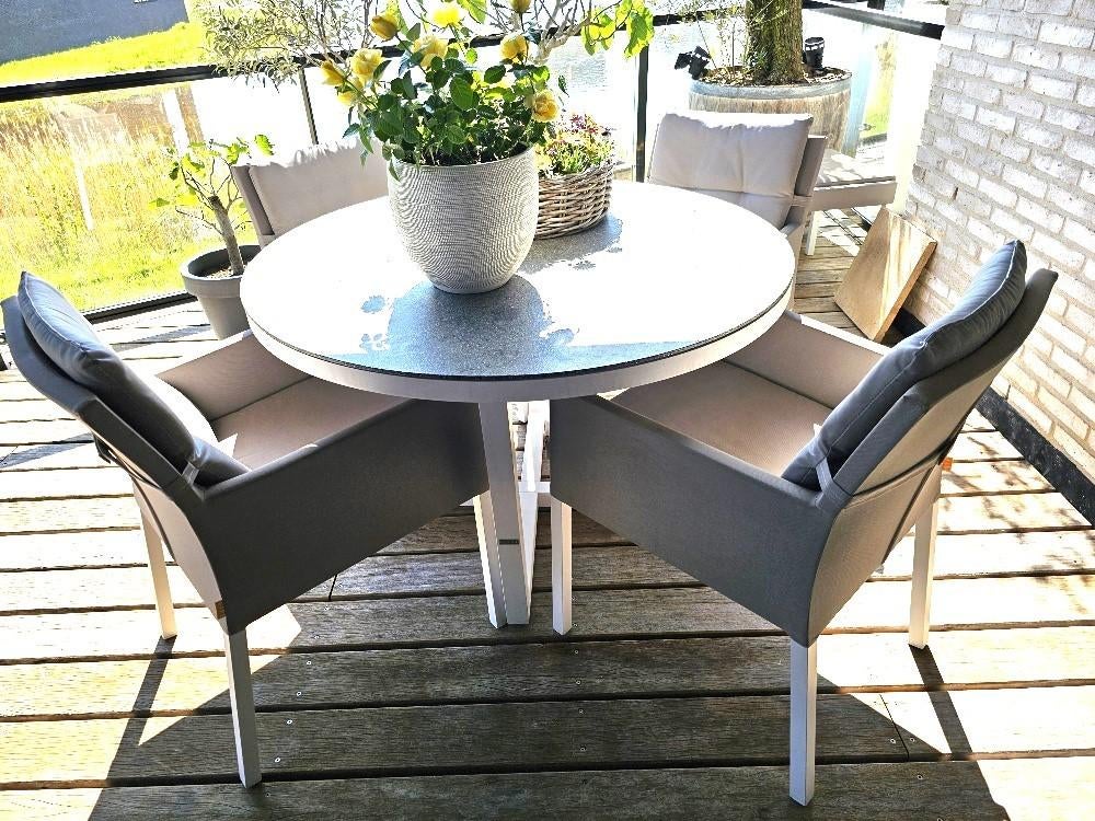 LIFE Tuinset, ronde tafel 120cm, 4x stoelen, wit met grijs, Ophalen, 4 zitplaatsen, Gebruikt, Aluminium