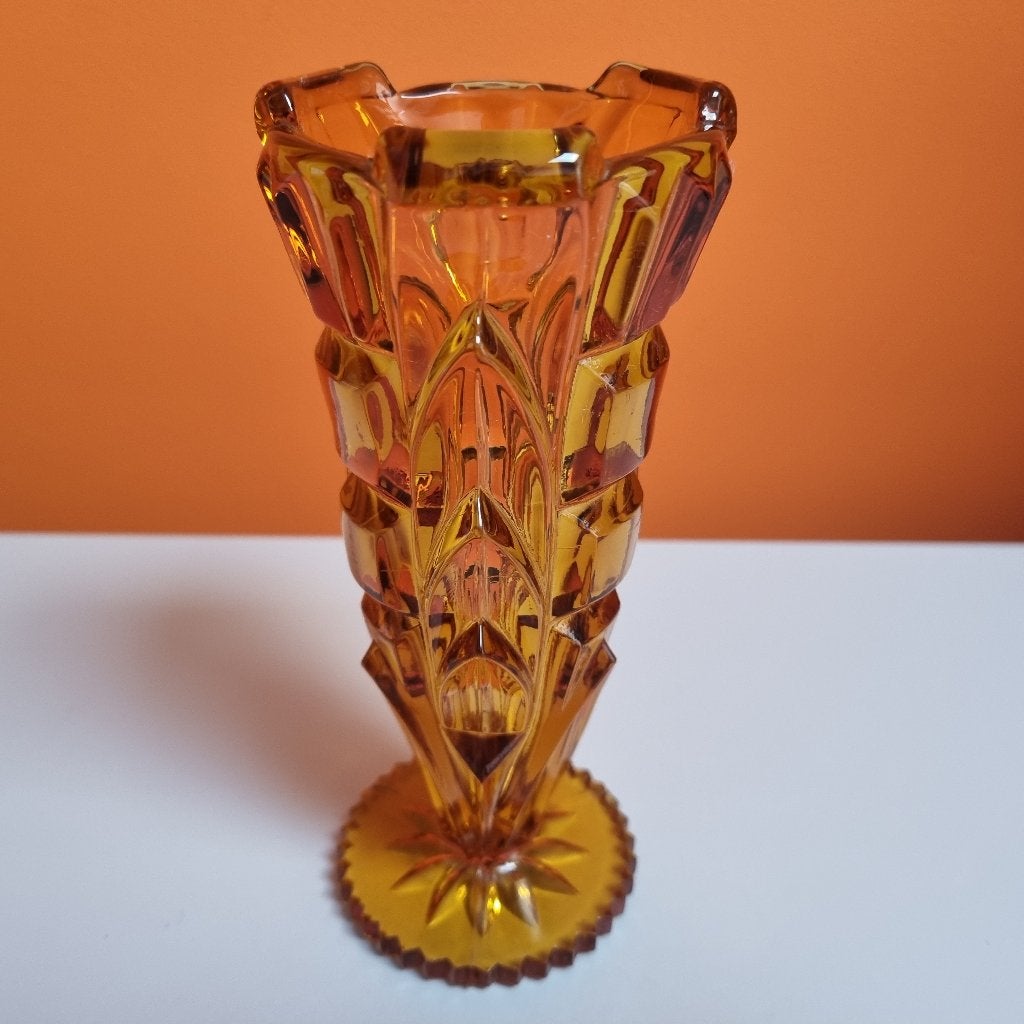 vintage art deco persglas amberkleurig vaasje, Ophalen of Verzenden
